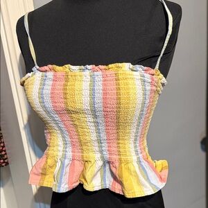 Billabong Rainbow Striped Yellow and Pink Ruffle Hem Top Size L